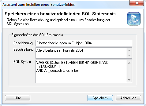 Assistent SQL-Statement speichern